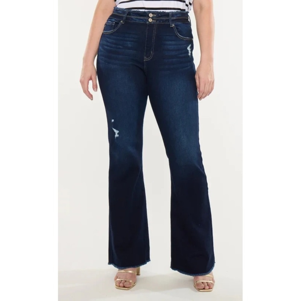 Kancan Gill High Rise Flare Jeans Dark Wash Distressed Raw Hem Size 13 / 30 - Picture 3 of 16